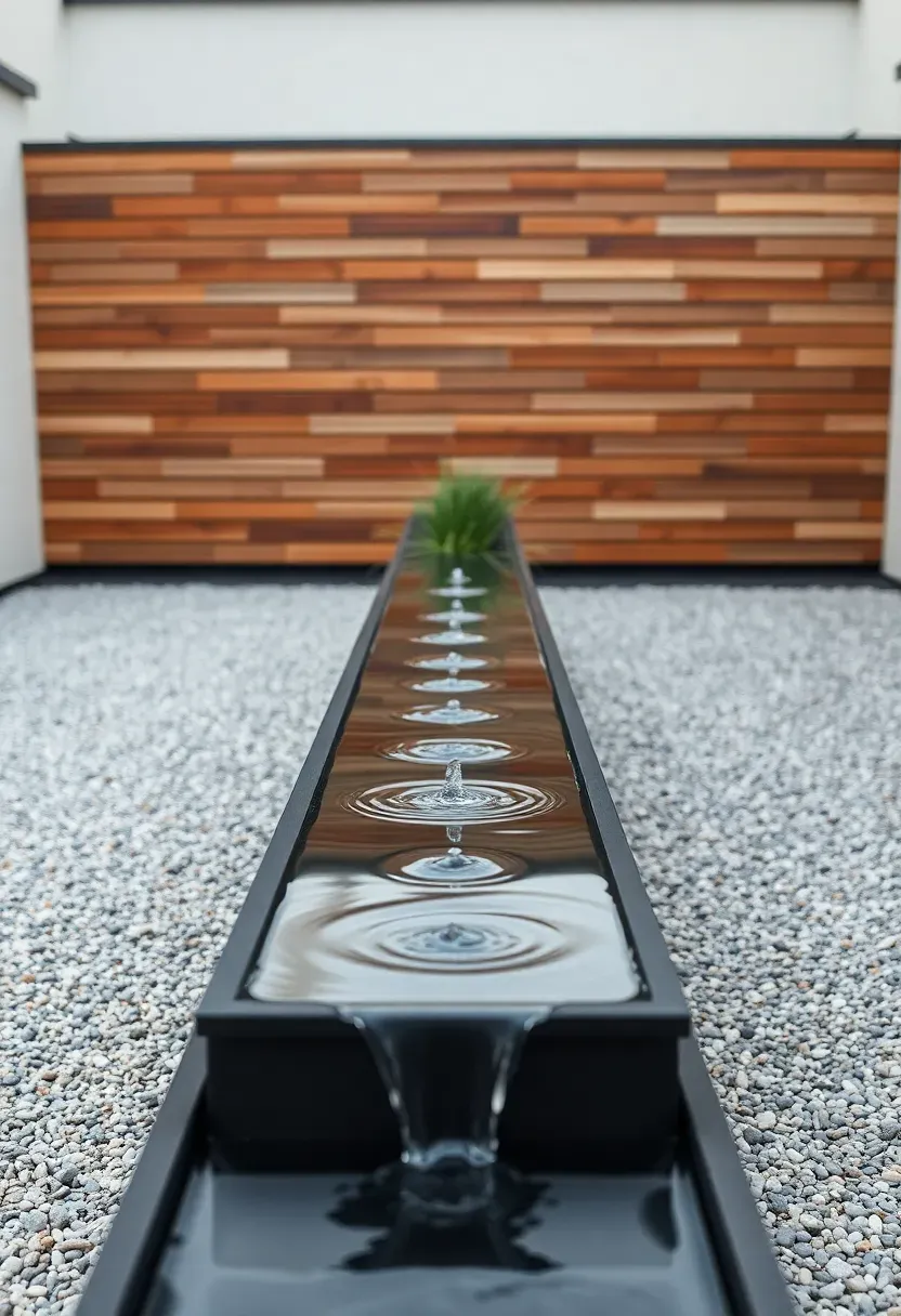 A long narrow black steel trough fountain with water gently overflowing the edges set against a modern fence in a gravel courtyard