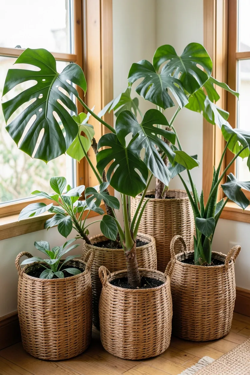 Tall fiddle leaf fig and trailing pothos in woven seagrass planters brightening a small apartment living room