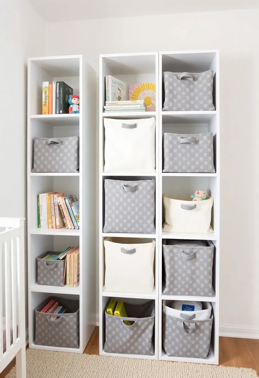 Modular white cube storage system in parent bedroom nursery corner with colorful fabric bins and organized baby essentials