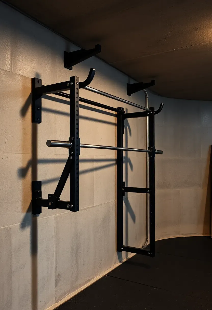 Folding wall-mounted squat rack in a basement gym folded against the wall, showing the compact hinge mechanism and stored barbell
