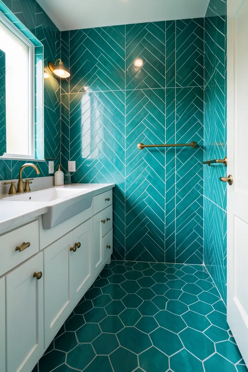 Hyper-realistic 3:2 wide shot of a luxurious colorful bathroom featuring comprehensive tile immersion: teal geometric hexagon floor tiles with white grout, matching teal chevron wall tiles, white vanity with brass hardware, white quartz countertop, white undermount sink, brass towel rail on wall. Natural light from frosted window creating soft shadows. Materials: teal ceramic tiles throughout with geometric patterns, white grout, white quartz, brass fixtures, white wood. Immersive colorful tile sanctuary. Vibrant teal palette with geometric energy. Clean modern aesthetic. No text, no logos, no watermarks.