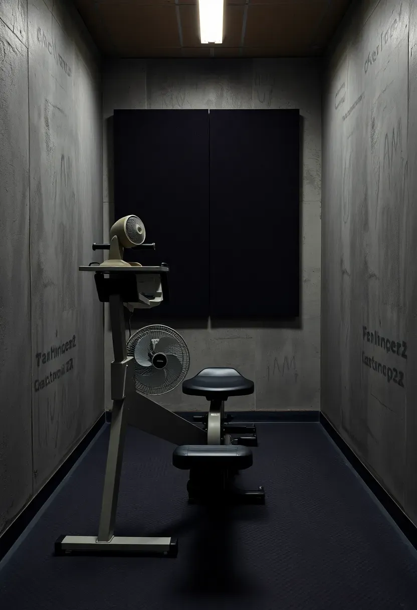 Rowing machine tucked into a narrow alcove in a basement gym with sound-dampening foam panels on the wall behind it