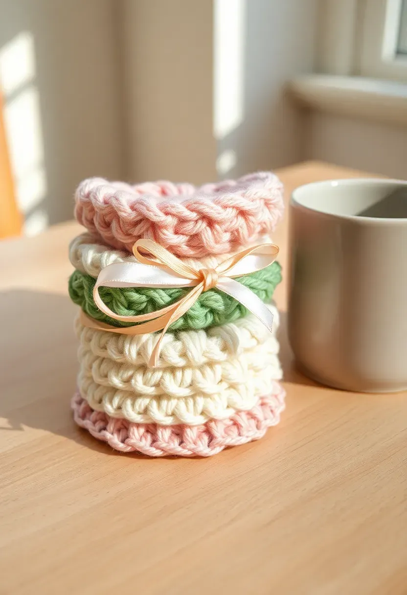 handmade crochet coasters in soft pastel yarn stacked and tied with a ribbon on a light wood table