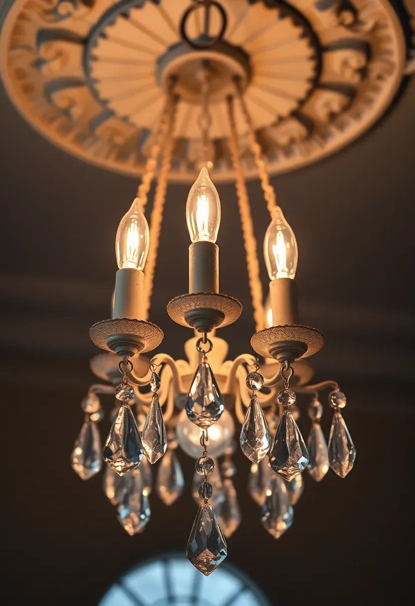 Crystal chandelier with distressed white finish hanging above a shabby chic apartment living room seating area