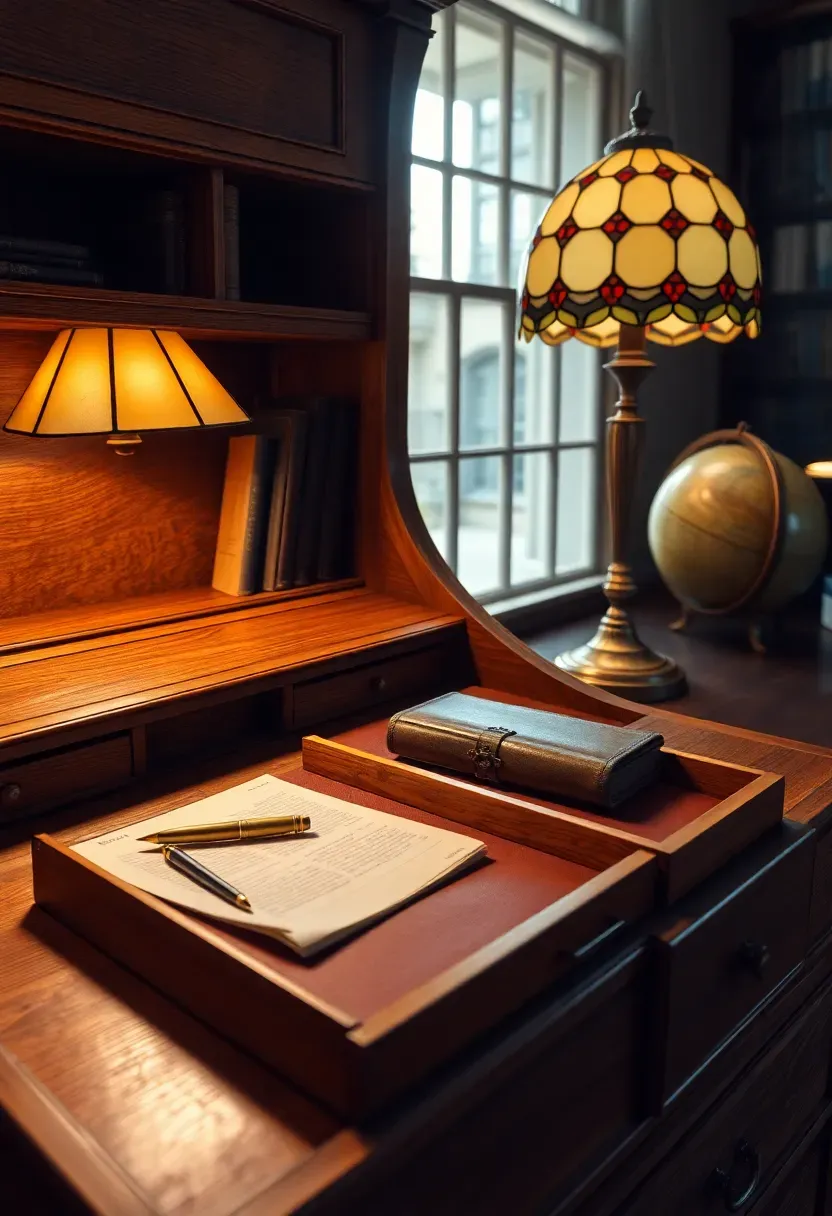 Vintage antique roll-top oak desk with brass pen, leather blotter, globe and Tiffany-style lamp in warm amber glow