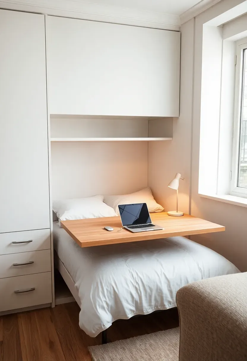 Murphy bed with fold-down integrated desk in small bedroom-office, white cabinetry and laptop on birch veneer surface