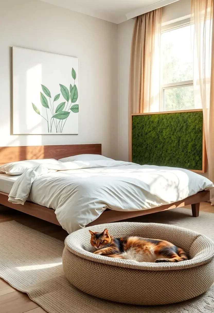 Biophilic pet-friendly bedroom with walnut platform bed, sage linen bedding, large botanical print, floor-level bouclé pet bed, preserved moss wall panel, tortoiseshell cat stretched on pet bed