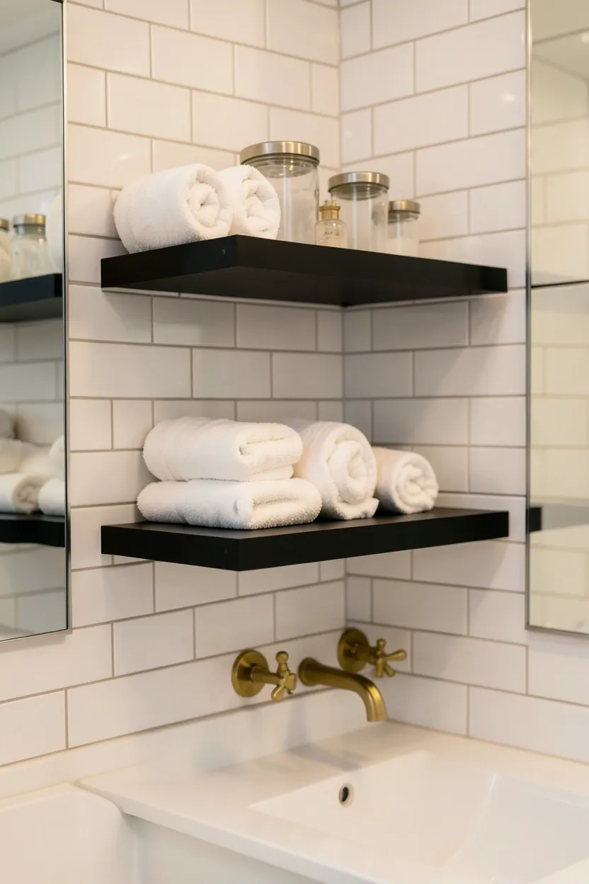 Black board-and-batten wainscoting on bathroom lower walls contrasting with bright white upper walls