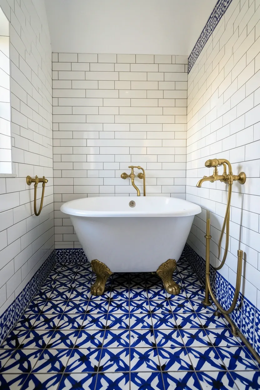 Hyper-realistic eye-level photograph of a Moroccan-style bathroom floor showing ceramic tiles in traditional bejmat eight-point star geometric patterns in cobalt blue and white with black accent details, white subway tile walls with white grout, white freestanding tub, brass fixtures. Natural light. Materials: blue and white ceramic tiles with bejmat patterns, white subway tiles, porcelain tub, brass fixtures. Authentic Moroccan bejmat design. Complex geometric star pattern. No text, no logos, no watermarks.</p>