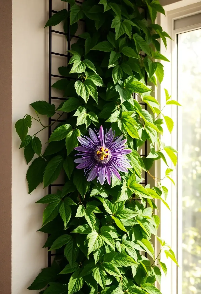 Passion flower vine with purple blooms climbing a wall-mounted wire trellis grid in a sunroom with morning light and green leaves dense across the frame