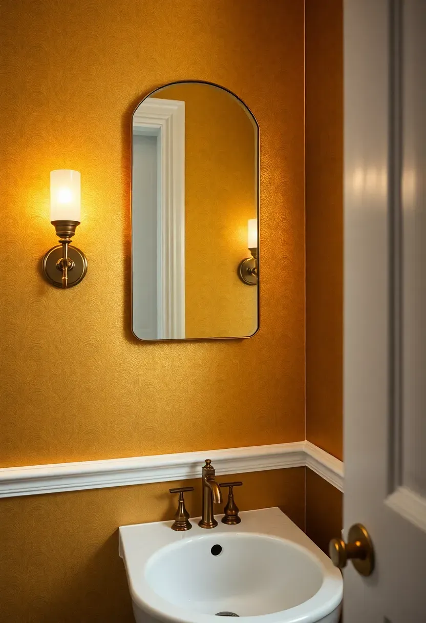Gold metallic wallpaper with shimmer texture flanked by brass sconces in a glamorous small powder room with marble vanity shelf