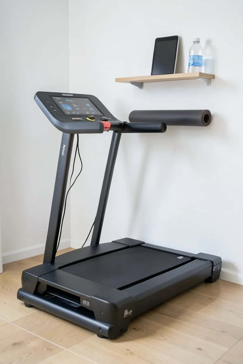 Compact folding treadmill on wall-slide system storing vertically against apartment wall when not in use in a mini gym setup