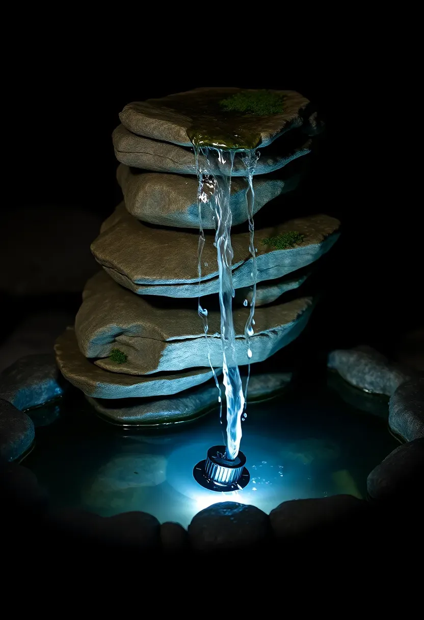 A small garden fountain with a narrow beam underwater spotlight illuminating the cascading water against a dark background at night