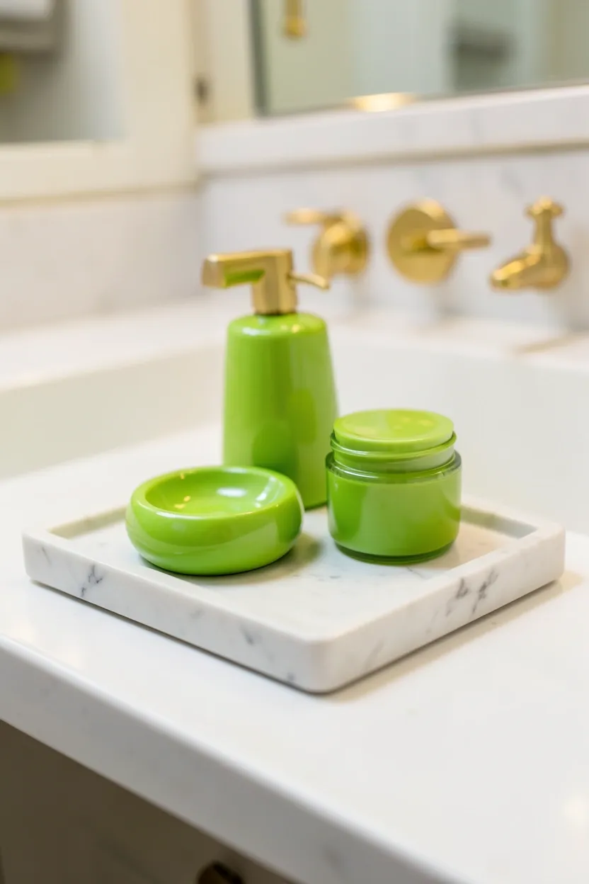 Bathroom vanity with chartreuse green ceramic soap dish and toothbrush holder on white countertop beside a sage green wall as bold accent pops