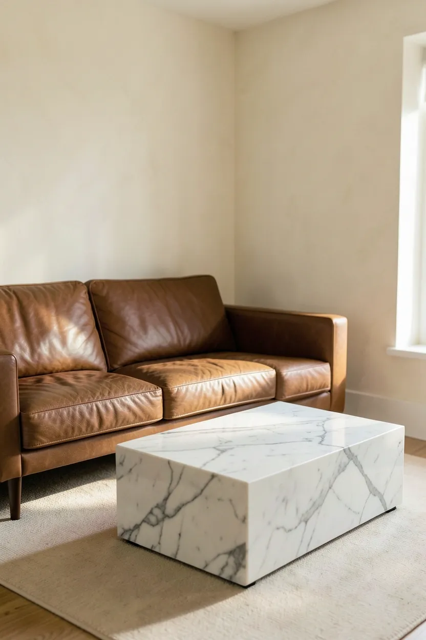 Light marble stone coffee table with organic texture beside a brown sofa in a minimalist rental living room