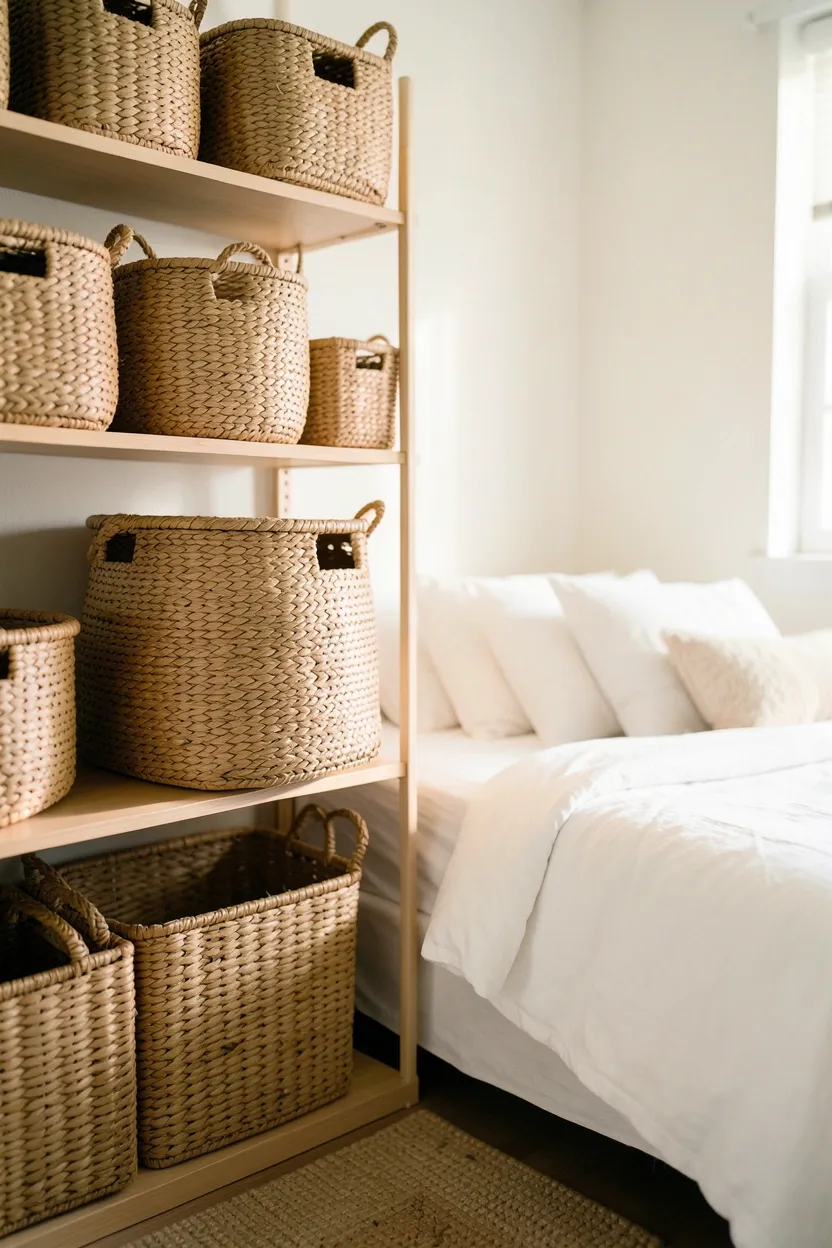 Boho bedroom with collection of woven seagrass and rattan baskets in varied sizes for stylish storage at the foot of the bed