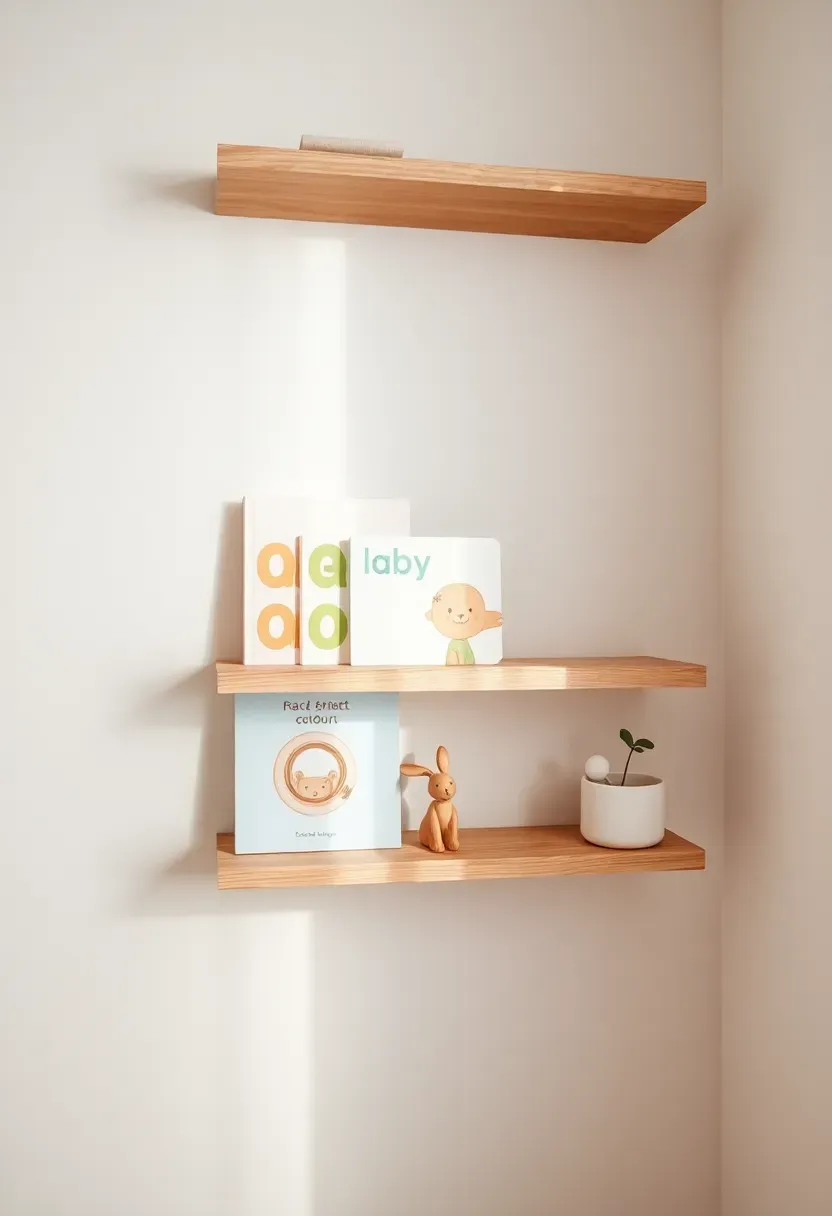 floating wall shelves with books and toys in a small baby boy nursery replacing a bulky bookcase