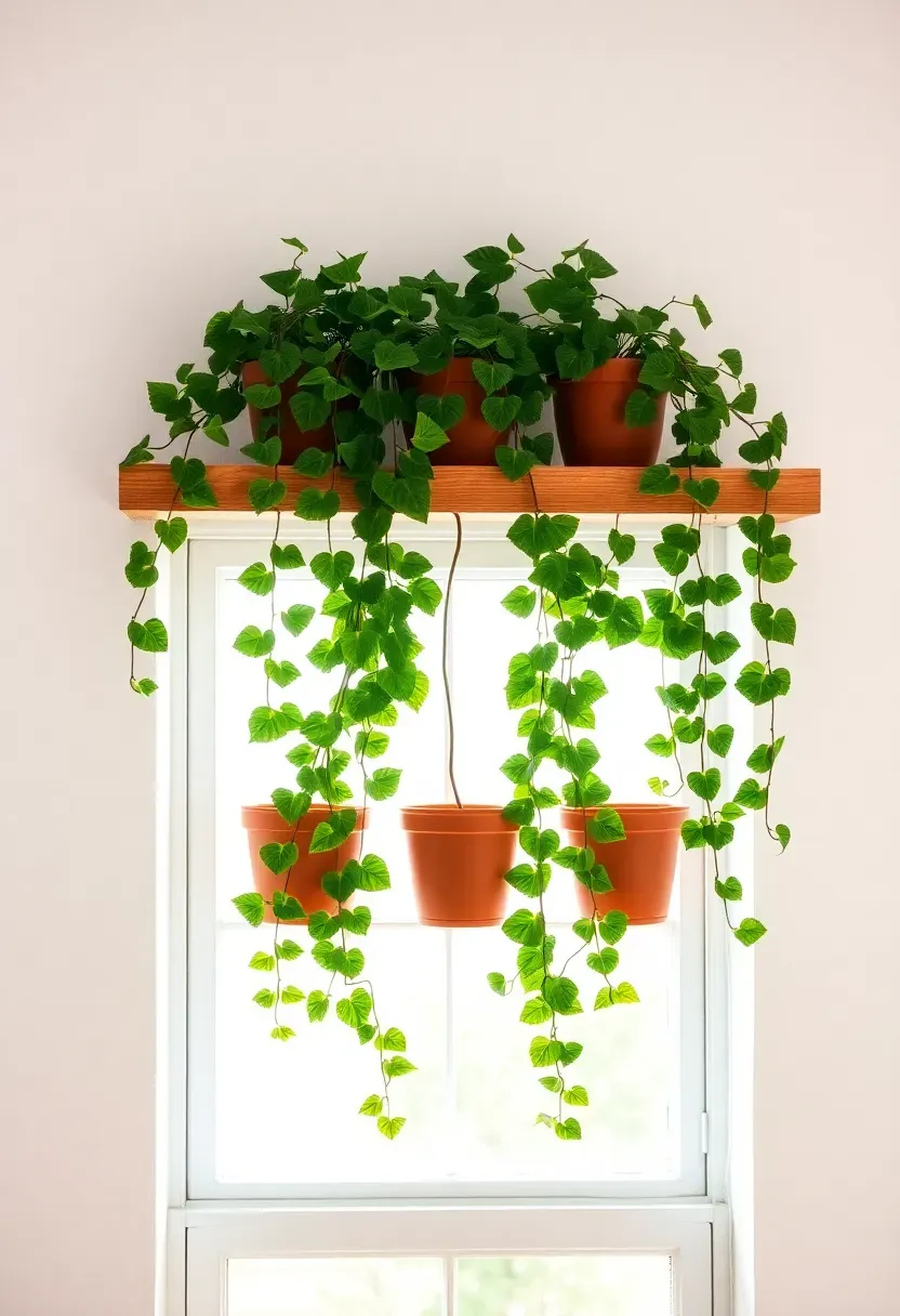 Floating wooden shelf above a sunroom window with trailing ivy cascading down the wall in green waves with bright natural light