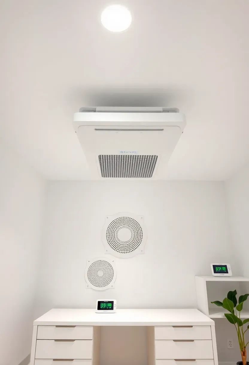 Minimalist basement office with visible ceiling-mounted ERV unit, clean desk, and air quality monitor on shelf