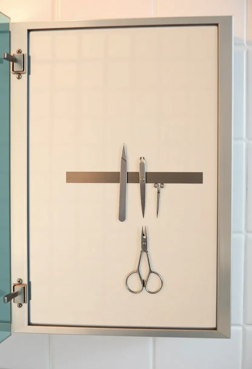 Slim magnetic strip mounted inside a bathroom medicine cabinet door holding bobby pins tweezers and small metal grooming tools