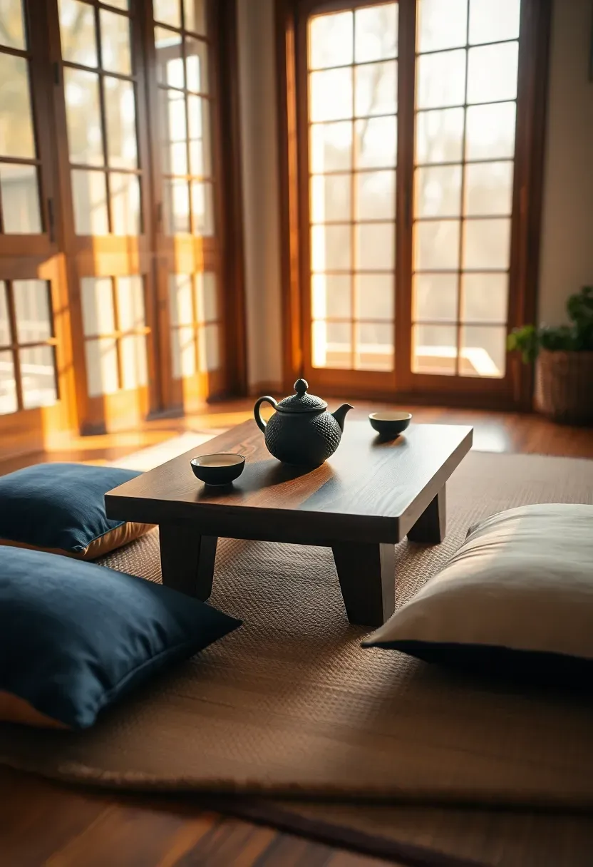 Japanese-style low wooden table centered on a tatami-style mat in an apartment sunroom, zabuton floor cushions in indigo and cream on each side, a cast iron teapot and two ceramic cups on the table, warm light from the windows