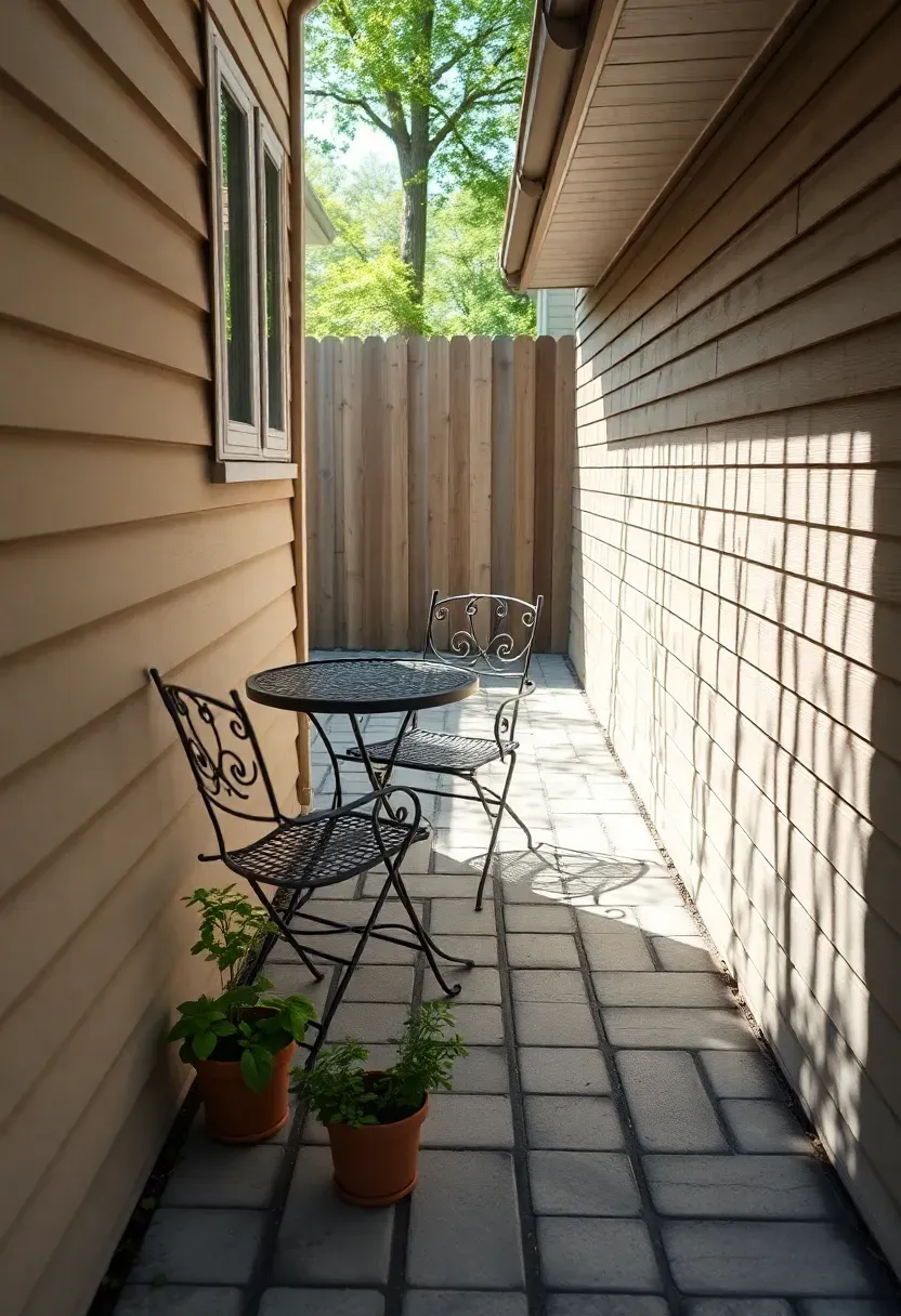 Narrow paver patio running along a house side yard with a bistro table and potted herbs against a wooden fence
