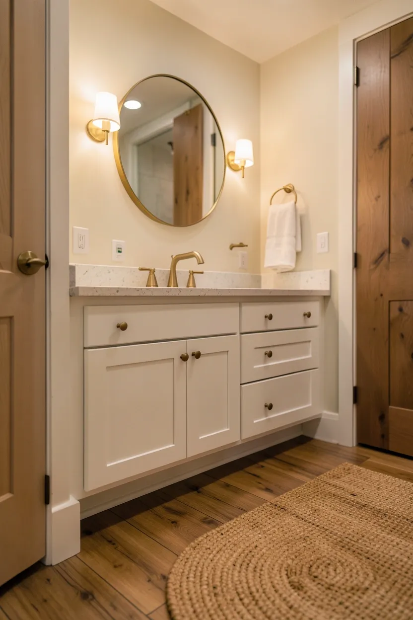 Repurposed wooden cutting board used as a vanity tray holding hand soap and lotion on a bathroom counter, adding rustic warmth to a rental bathroom