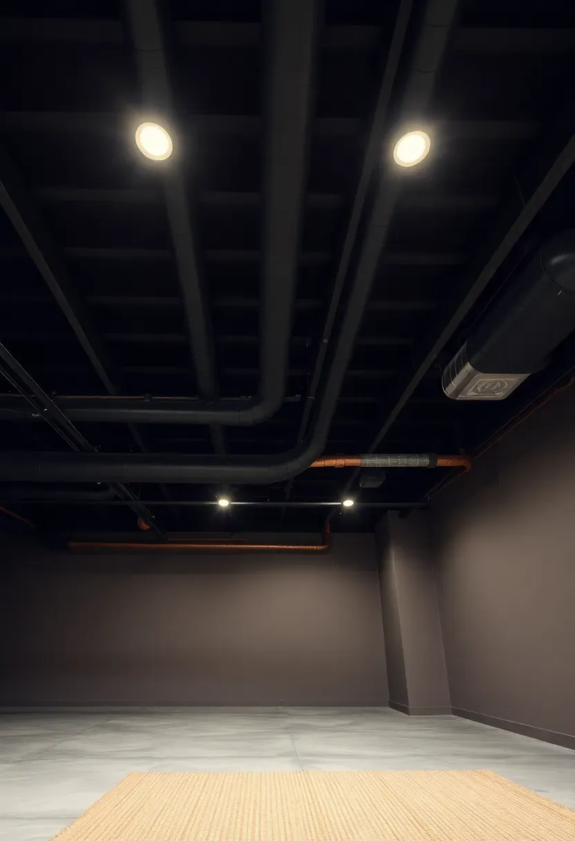 Basement with exposed pipes and ductwork on ceiling all painted matte black creating a dramatic industrial look