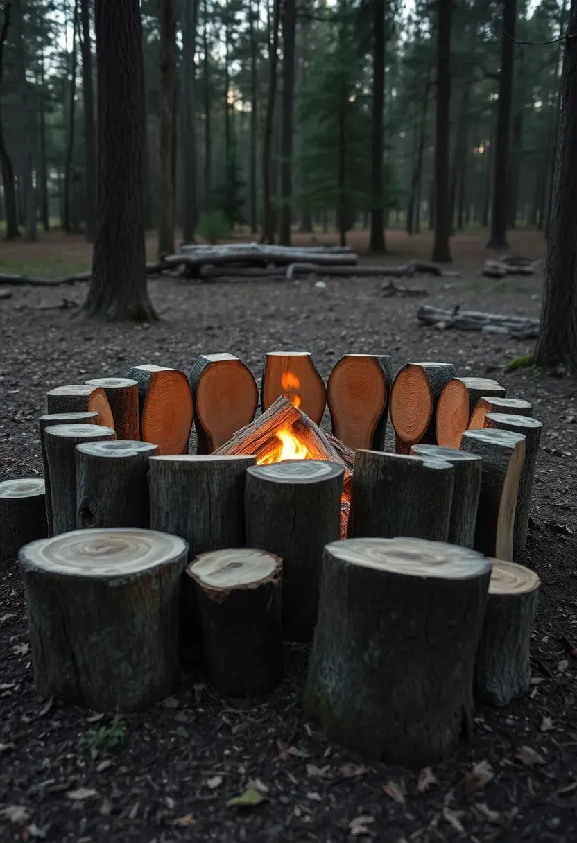 Hyper-realistic 3/4 view of a rustic tree ring firepit showing vertical log sections arranged in a circle around a wood fire, with three natural tree stump seats positioned around the perimeter, set in a wooded clearing setting. Materials: halved log sections with bark intact showing natural wood grain, natural tree stump seats with visible growth rings, forest floor ground with leaves and needles, fire glowing warmly. Dappled evening forest lighting with fire glow illuminating log textures, creating camp-in-the-woods atmosphere. Rustic wilderness aesthetic, visible trees and forest beyond the firepit clearing. Natural organic forms dominate. Shallow depth of field emphasizing log textures and fire foreground with stump seating and forest context visible beyond. No text, no logos, no watermarks.</p>