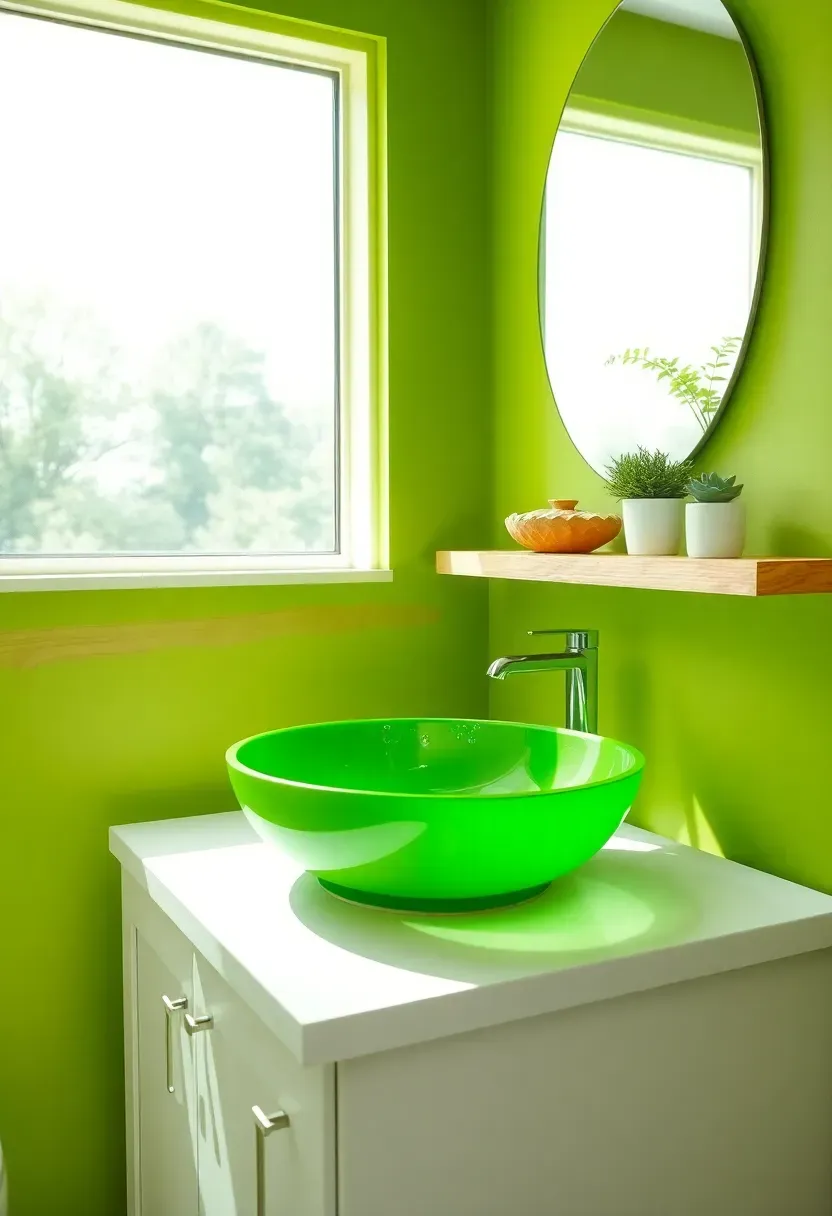 Fresh and vibrant lime green bathroom with white fixtures and natural wood elements