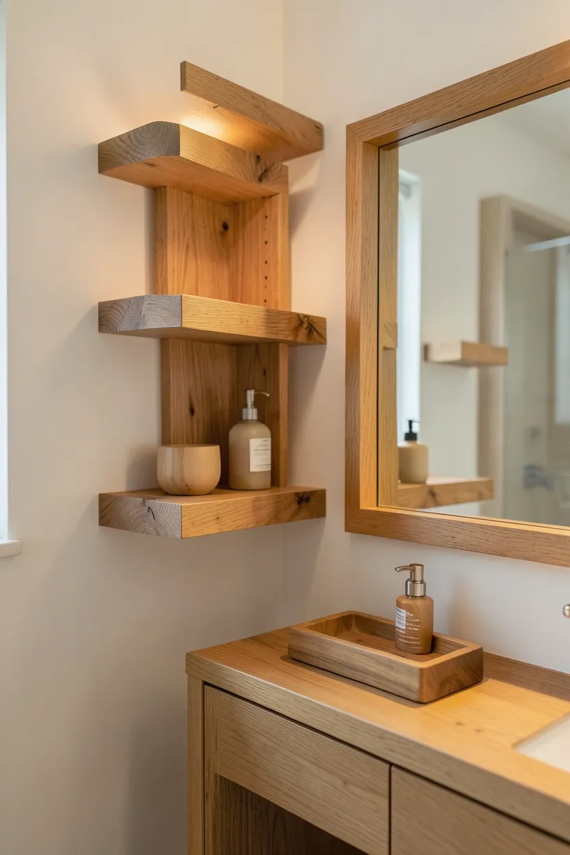 Warm teak wood bath tray, shelves, and mirror frame adding cozy natural texture to a minimalist modern apartment bathroom