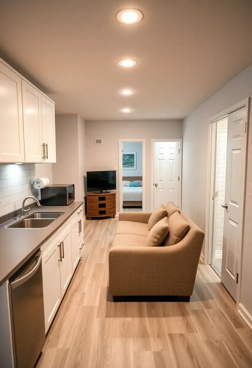 Basement rental suite layout with a private entrance, open kitchen-living room, separate bedroom, bathroom, and its own electrical panel
