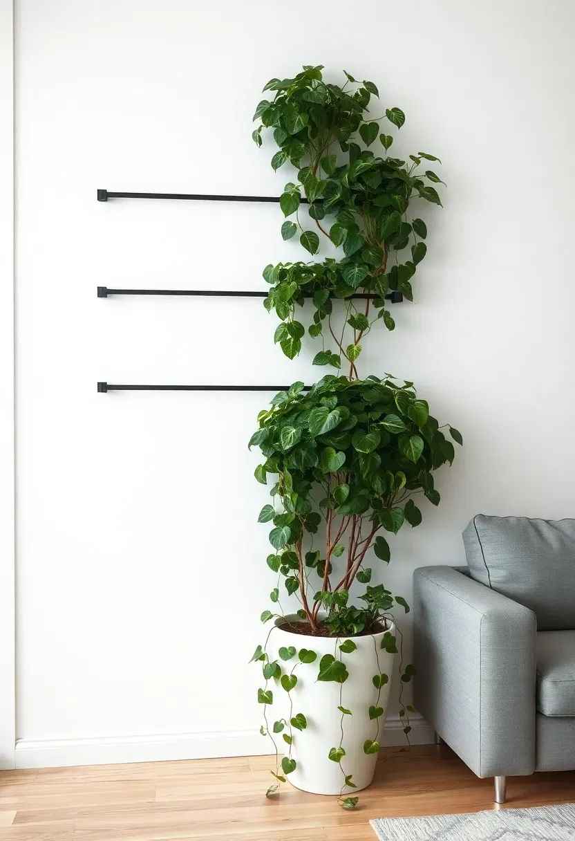 Hyper-realistic 3/4 view of minimalist living room corner with vertical garden. White wall with three horizontal black metal bars mounted 14 inches from surface. Pothos and philodendron trained up bars creating green curtain effect. Plants contained, not overgrown. Below: large white planter with trailing vines starting upward. Light wood floor, gray sofa visible in background. Empty white walls elsewhere. Abundant negative space around green corner. Materials: matte black metal bars, white planter, heart-shaped and variegated leaves. Natural light from adjacent window, subtle shadows. Contemporary minimalist mood where vertical garden creates dramatic living corner.</p>