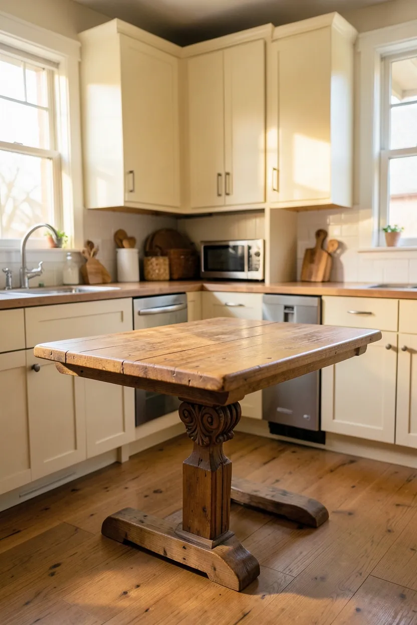 Wall-mounted fold-down dining table in a small farmhouse kitchen, space-saving solution for renters with limited floor space
