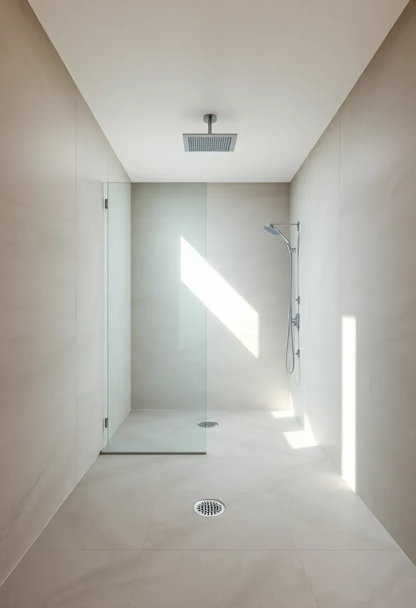 wet room bathroom design with seamless tiles and glass partition