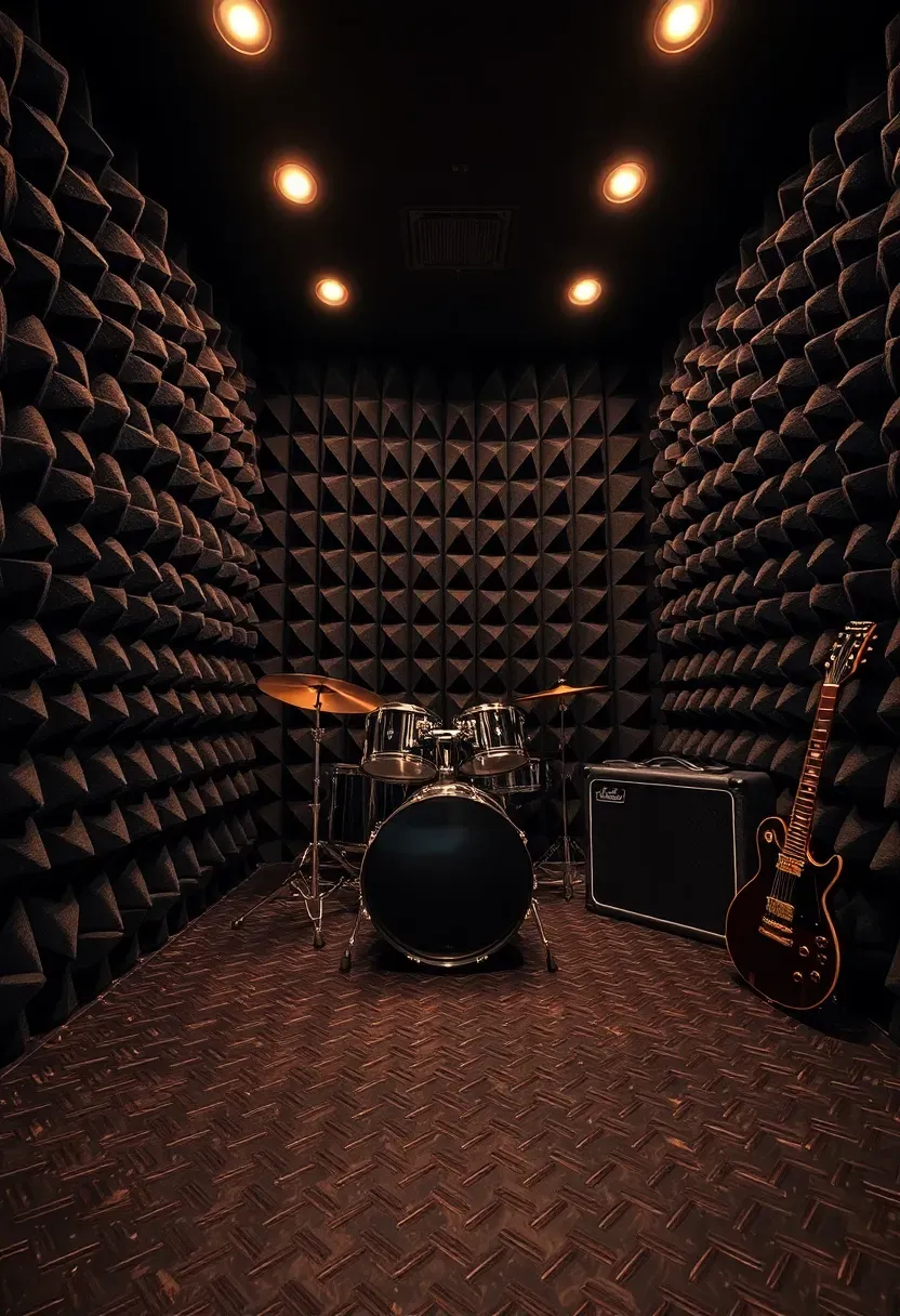 A soundproofed music practice shed interior with acoustic foam panels on walls, a drum kit, guitar amp, and thick rubber flooring