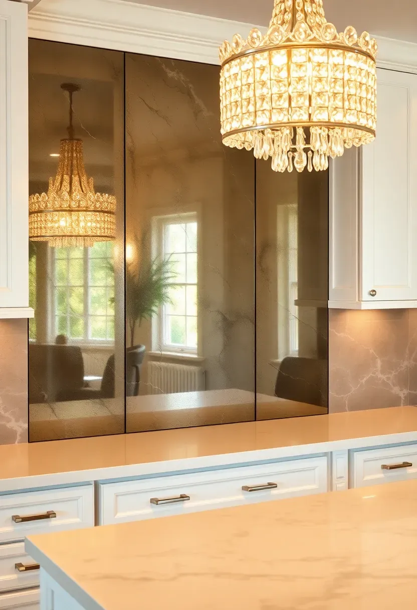 antiqued mirrored glass panel backsplash reflecting warm light in a glamorous white kitchen with crystal pendant lighting