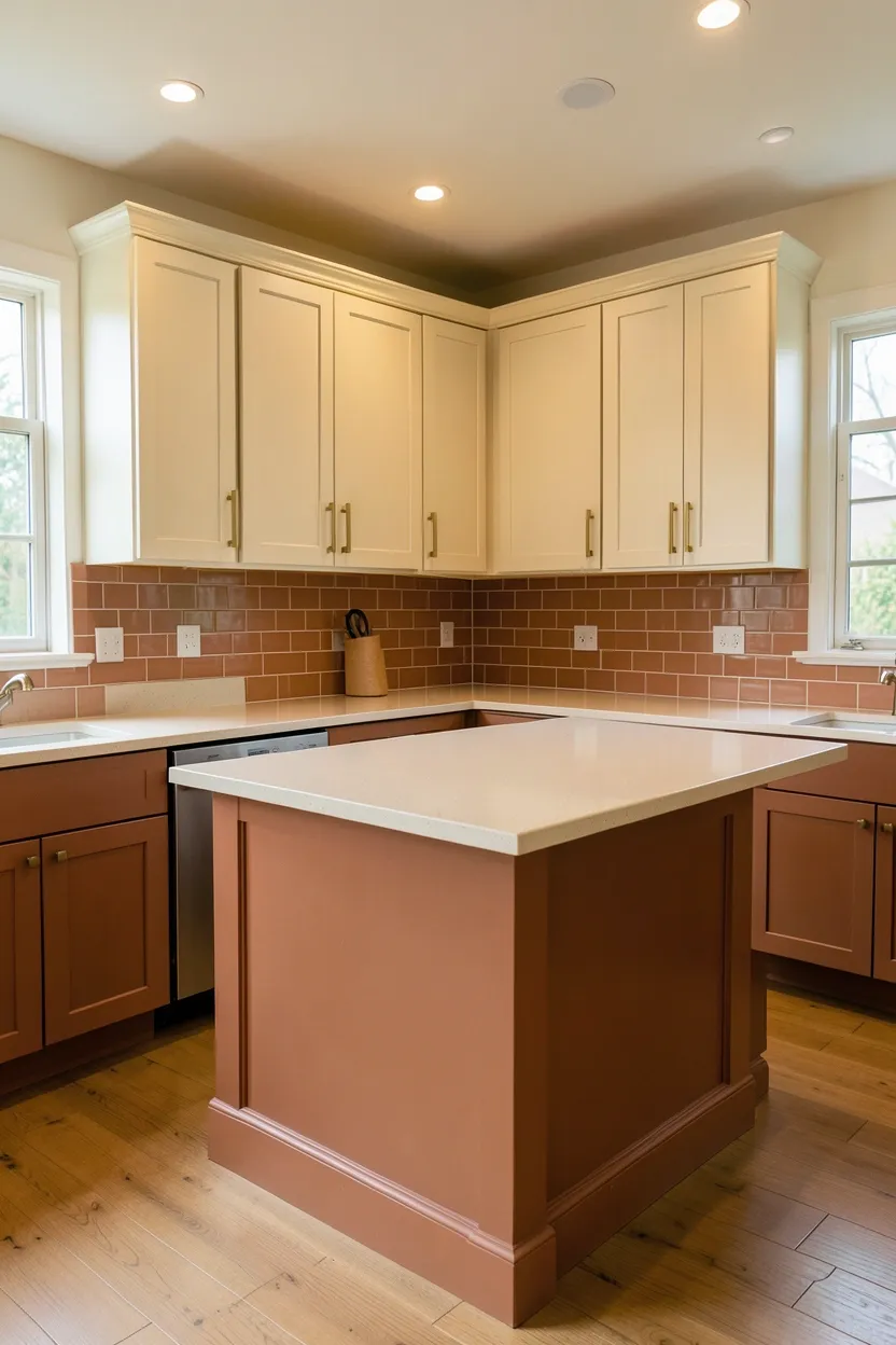 Hyper-realistic wide shot of a fall kitchen with terracotta and cream color harmony. Upper shaker cabinets painted in cream, lower cabinets in warm terracotta. Cream quartz countertop continues across both levels. Terracotta subway tile backsplash provides warm accent. Large island in cream with terracotta base panel. Brass hardware complements warm tones. Warm ambient lighting from recessed ceiling fixtures. Natural light from windows. No text, no logos, no watermarks.</p>