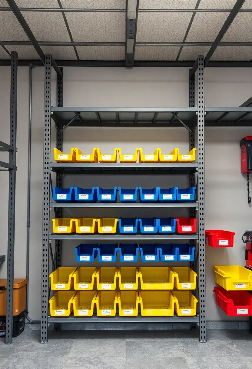 Garage workshop wall with a modular shelving system featuring labeled bins, clear drawers, and adjustable shelf heights