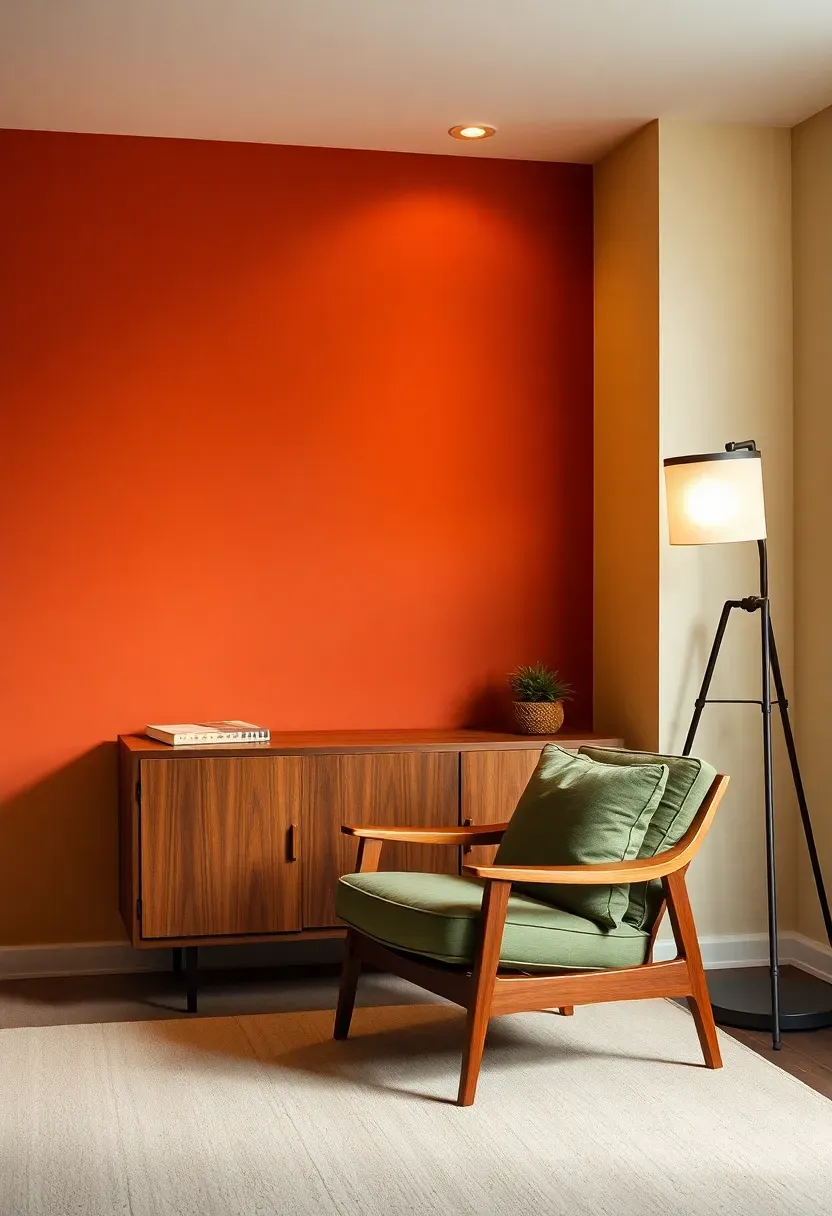 basement accent wall in burnt sienna with contrasting warm white walls and mid-century furniture