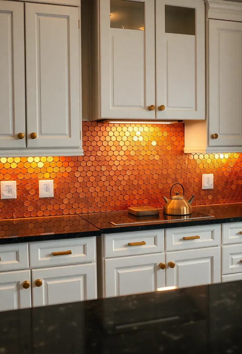 copper penny round mosaic tile backsplash with warm metallic finish in a kitchen with white cabinets and dark granite