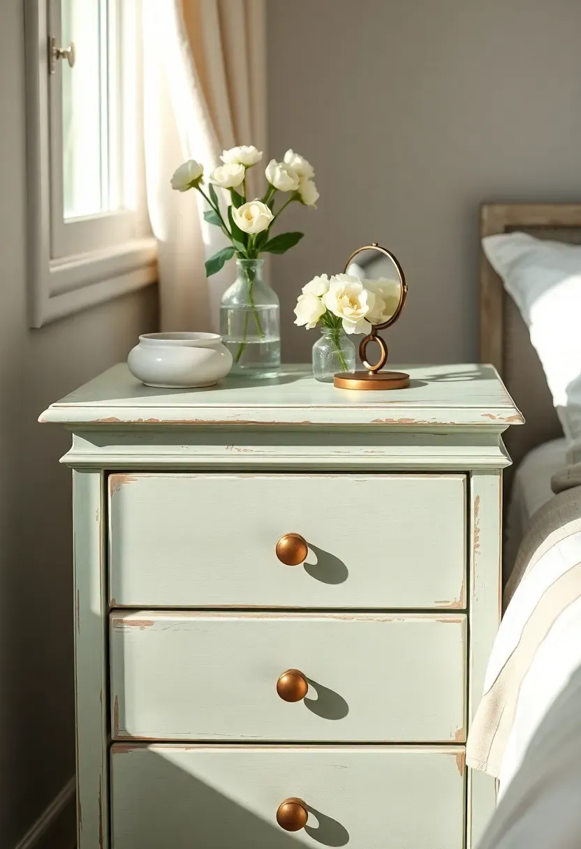 Shabby chic chalk-painted accent dresser in soft mint green with brass knobs and slightly distressed edges in a bright bedroom
