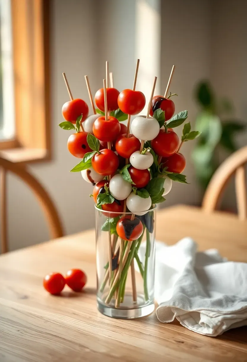 caprese skewers arranged upright in a small vase like a bouquet with cherry tomatoes mozzarella and basil leaves drizzled with balsamic