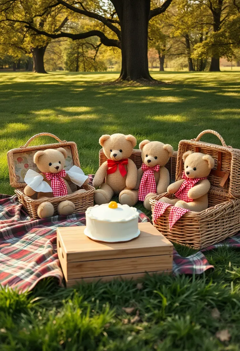 teddy bear picnic baby shower outdoors with plaid blankets wicker baskets stuffed bears gingham napkins and a honey pot cake on a low wooden table in a park