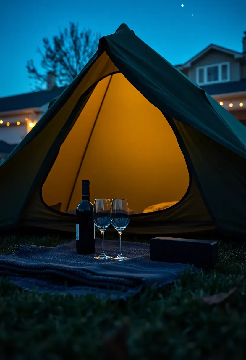 A minimalist two-person bivy tent set up on a backyard lawn at twilight with a bottle of wine, two glasses, and a small Bluetooth speaker on a blanket nearby