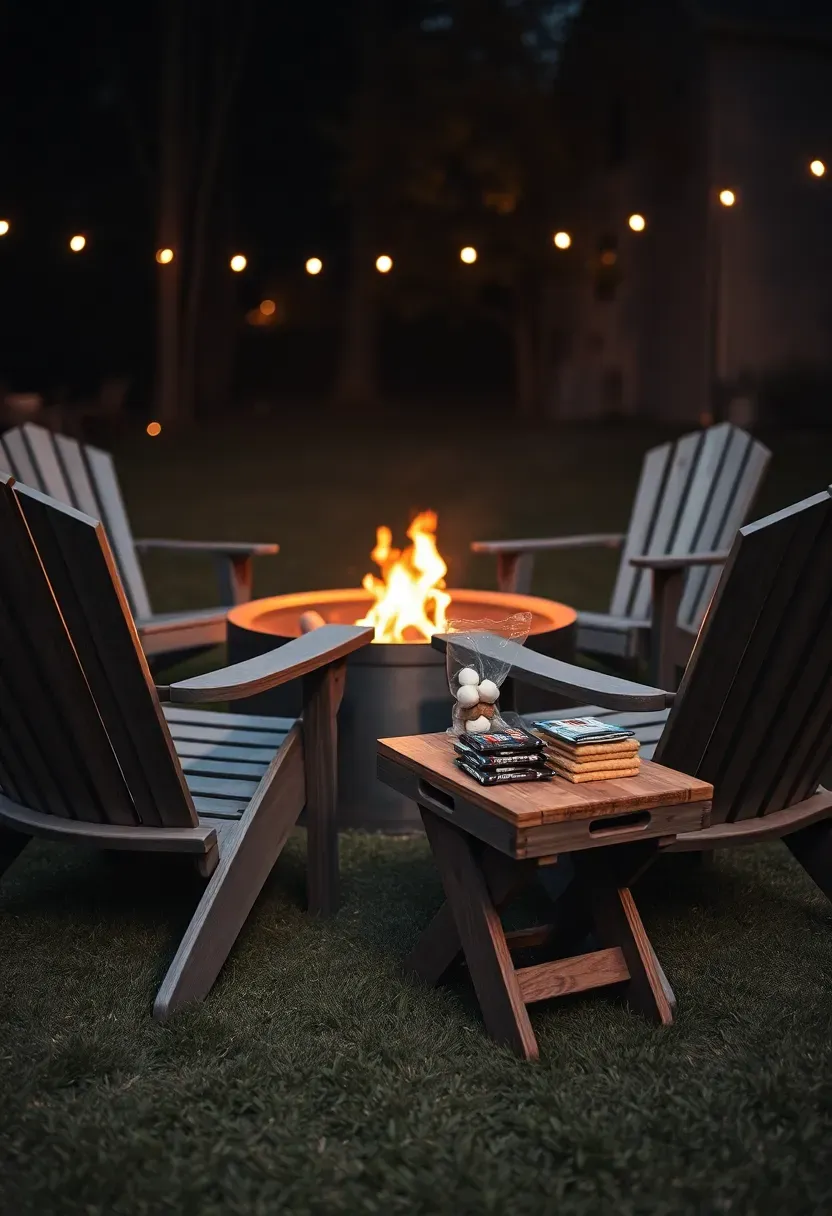 A fire pit area with Adirondack chairs and a s'mores supply table at an evening backyard wedding with guests roasting marshmallows