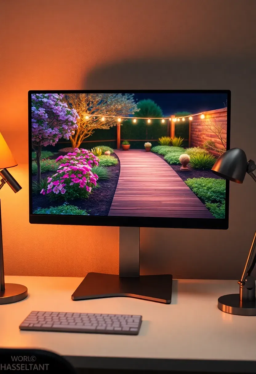 Screenshot of Realtime Landscaping software showing a lush backyard design with deck, flower beds, and outdoor lighting at dusk