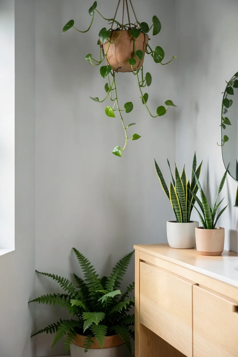 Light grey bathroom with trailing pothos and hanging ferns adding natural green contrast to neutral grey walls