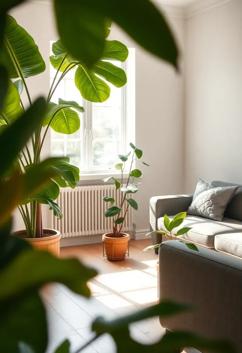 Hyper-realistic 3/4 view of a serene Nordic living room featuring large indoor plants as prominent elements—showing a tall fiddle leaf fig tree in one corner and a smaller snake plant on a stand, with the room's minimalist furniture arranged around them. Light wood floor, white walls, gray sofa. Materials: glossy green leaves with visible veining, natural terracotta pots, light oak floor, matte walls, linen upholstery. Natural daylight streaming through windows creating dappled light on plants. Organic shapes providing contrast to rectilinear furniture. Lived-in feel with thriving plant life. Shallow depth of field emphasizing plants foreground with furniture and room context beyond. No text, no logos, no watermarks.</p>