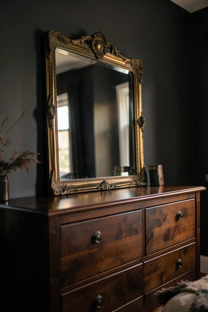 Dark boho bedroom gallery with black-and-white nature and portrait photography in mixed wood frames, lit by warm picture light
